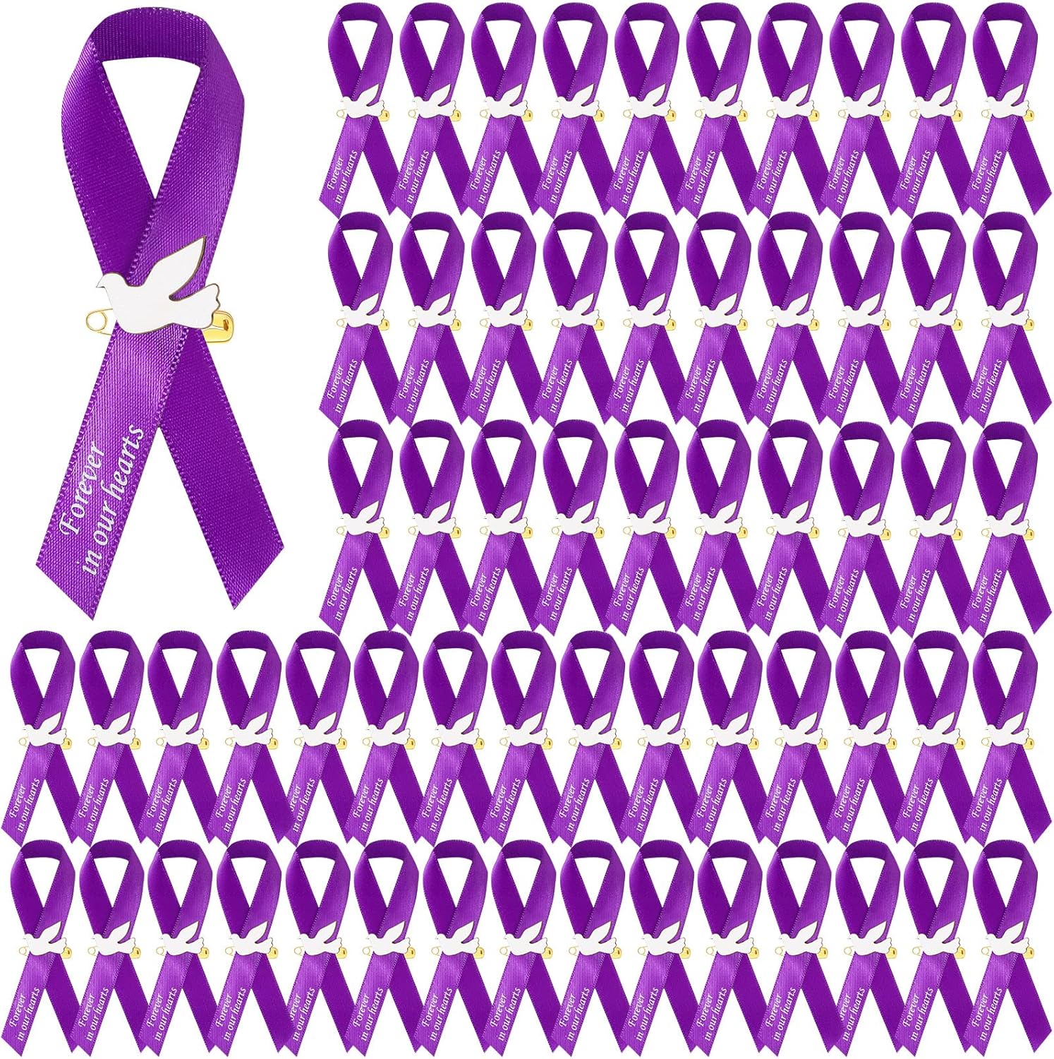 50 Pcs Dove Funeral Ribbons Memorial Ribbon Funeral Pins Classic Memorial Service Respect Ribbon Bow with Safety Pins and Dove for Mourning Remembrance Day Event(Purple)
